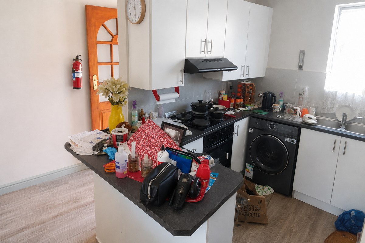 Cluttered kitchen before a GaleForce deep clean