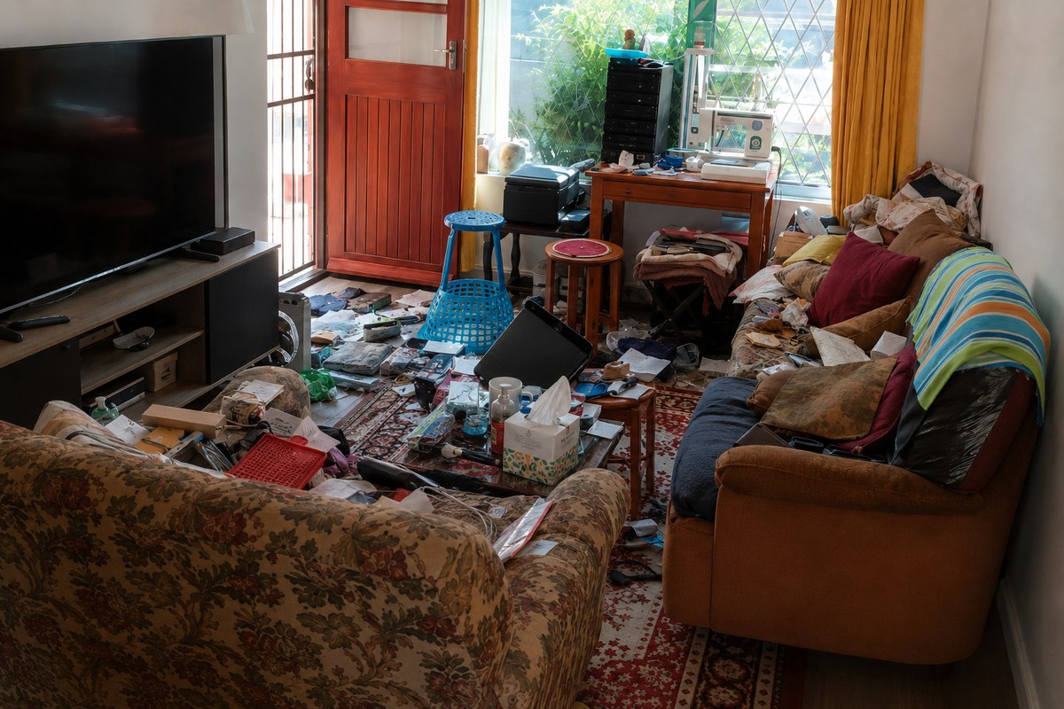 Overwhelmingly cluttered lounge before GaleForce