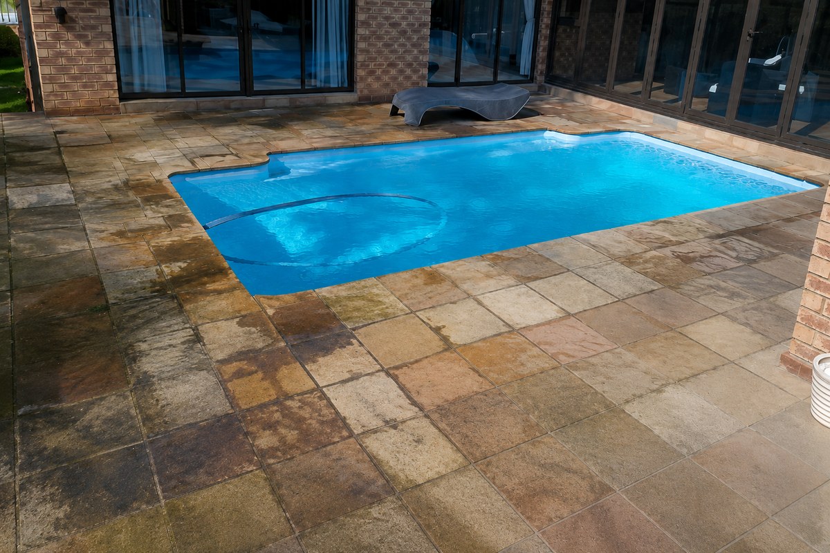 Stained pool patio before GaleForce pressure washing